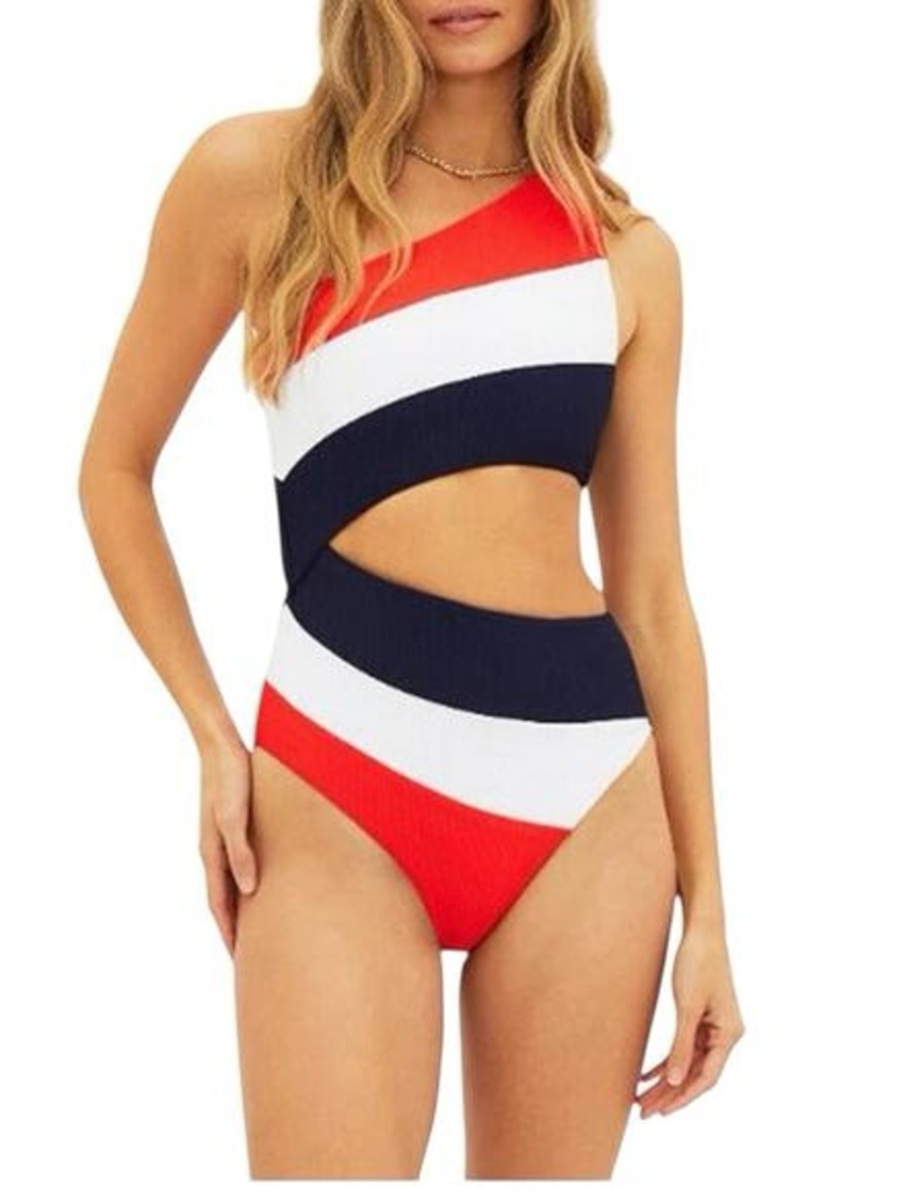 Beach Riot Red, White & Navy One-Shoulder Striped Cutout Swimsuit